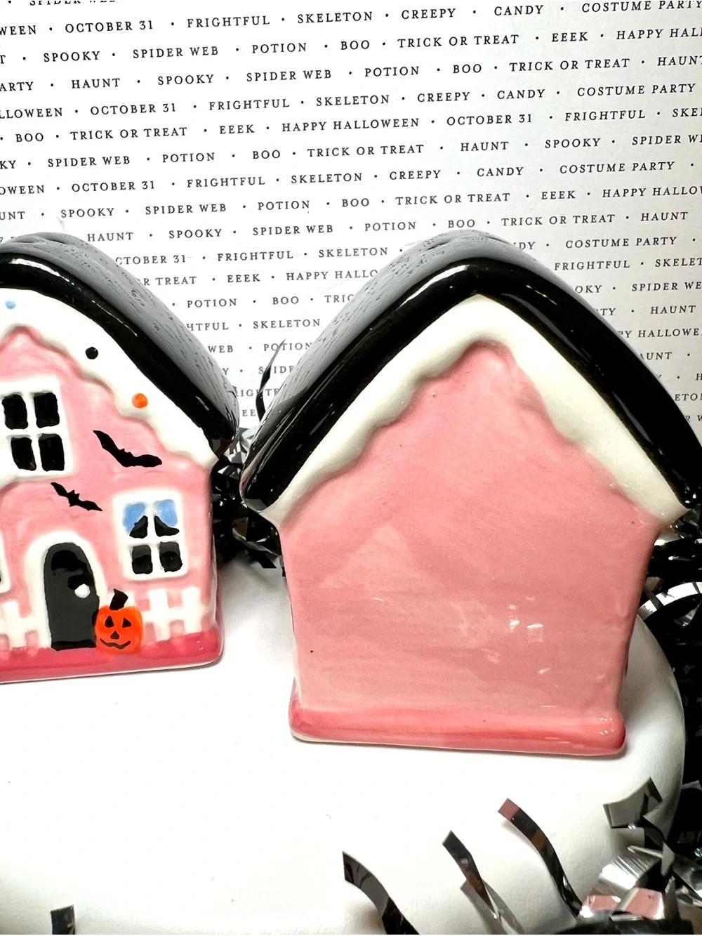Halloween Pink Gingerbread Haunted House Ceramic Salt & Pepper Shakers Ghost Bat